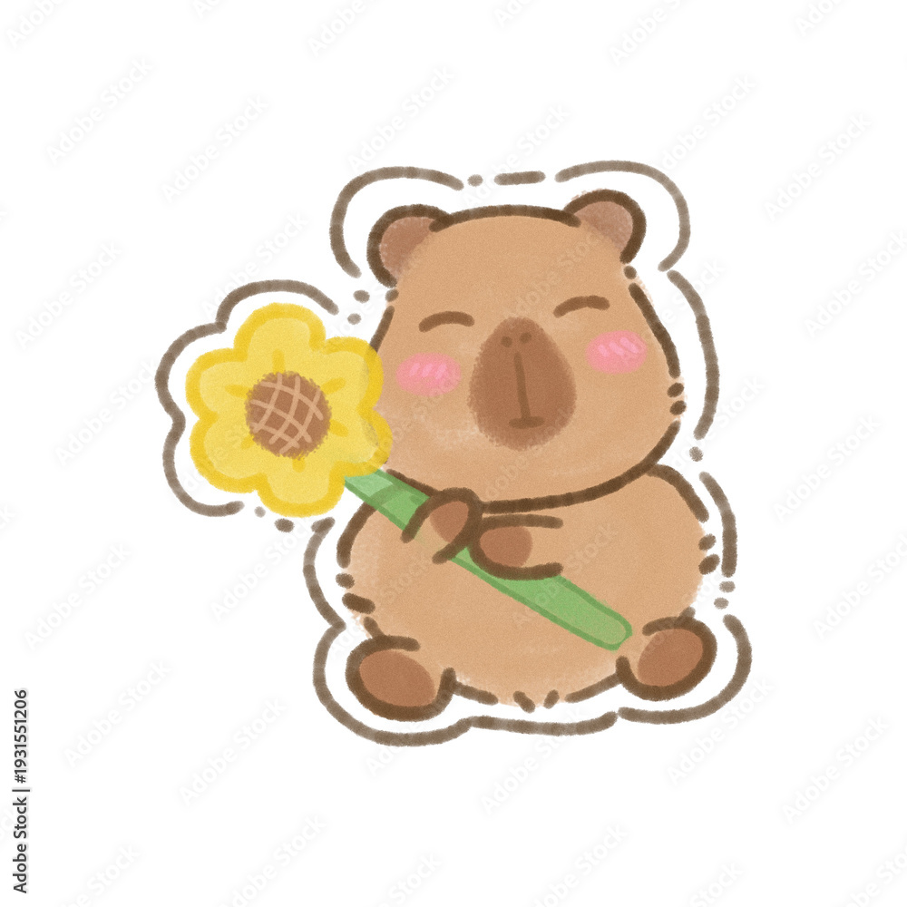 Fototapeta premium Capybara hugging a yellow flower