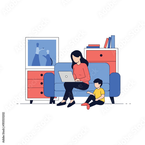 Woman working from home on laptop with child illustration vector