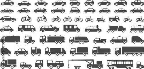 Vehicle icons, car silhouettes, truck vector, bus clipart, motorcycle design, bicycle symbol, transport graphic, emergency vehicle, utility illustration, road traffic