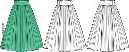 Women's pleated maxi skirt technical flat sketch vector template featuring high waist and long A-line silhouette for fashion design tech-packs.
