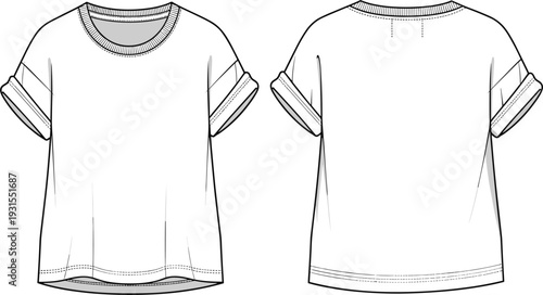 Women's basic crew neck t-shirt technical flat sketch vector illustration featuring rolled short sleeves and relaxed fit for casual apparel design and fashion manufacturing.