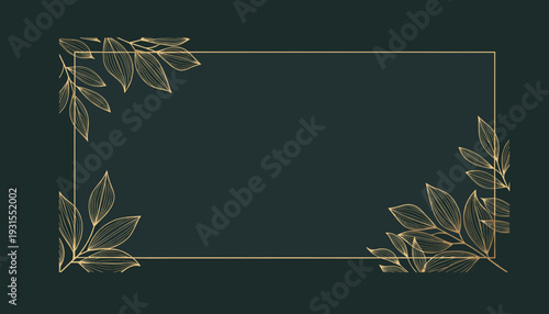 Elegant Golden Botanical Frame with Minimalist Leaves on a Dark Background, Perfect for Wedding Invitations, Greeting Cards, or Decorative Text Layouts and Branding Elements