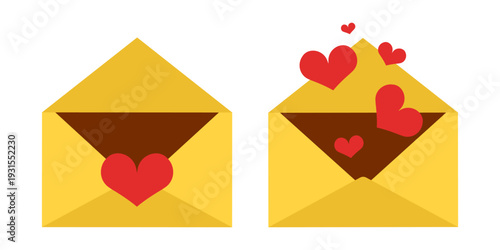 Yellow open envelopes set with red hearts, love mail icon for Valentine's Day or wedding greeting card. Vector illustration.