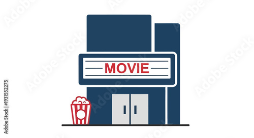 Simple illustration of a movie theater facade with popcorn and a ticket stub