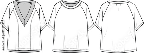Women's raglan short sleeve t-shirt technical flat sketch vector template with deep V-neck and crew neck variations for apparel tech pack and fashion manufacturing.