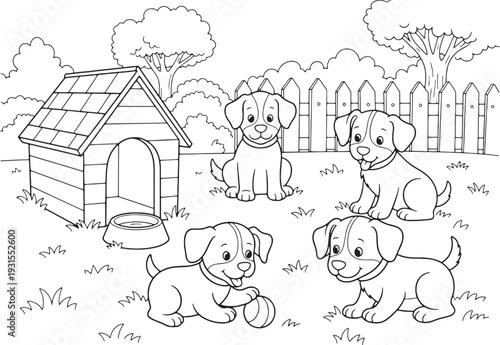 Easy animal kids simple line art coloring page with cute puppies