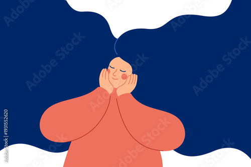 happy woman with flying hair. young creative carefree girl with inspiration, dreams, imagination. good mental health and love himself concept. Flat vector illustration