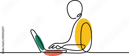 Person with yellow backpack using green laptop on red tray on lap sitting