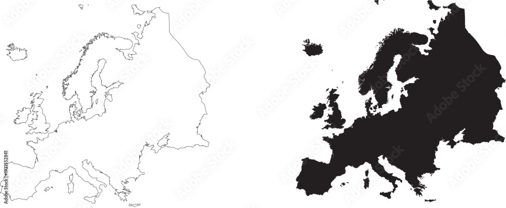 Obraz premium Europe Simple General Map Outline and Silhouette Bundle Cartography Vector
