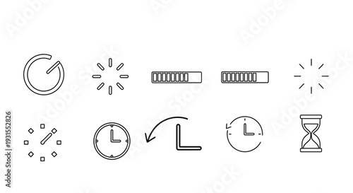 Collection of black and white line art icons representing time and loading processes