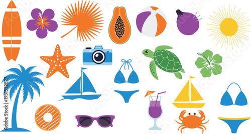 Colorful summer beach vacation icons set with palm tree turtle sun surfboard tropical elements