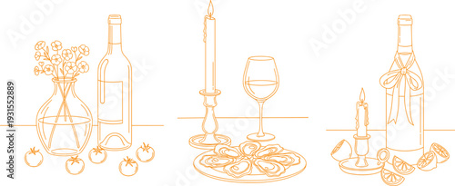 Elegant wine bottle candle and oyster platter line art illustration with romantic dinner setting