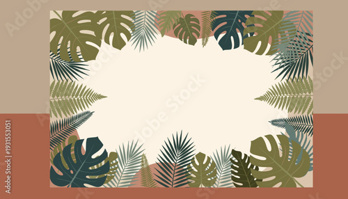 Tropical foliage border with ample space for text and design elements on a beige background