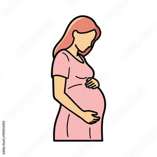 Pregnant woman in pink dress holding belly vector illustration