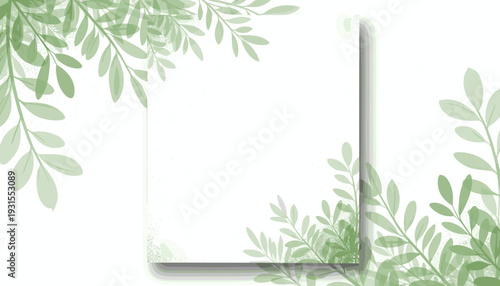 Elegant green foliage frame with subtle watercolor-style leaves on a clean white background, perfect for natural-themed invitations, greeting cards, and eco-friendly designs