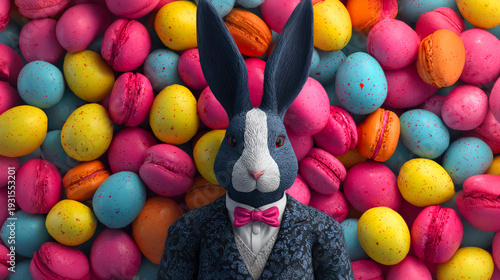 Rabbit man in black suit at macaron and easter egg background. Concept of Happy Easter.