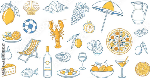 Mediterranean summer icons set with seafood, fruits, wine, beach elements, colorful hand drawn illustration collection