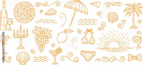 Mediterranean summer icon set with wine, pizza, beach umbrella, citrus, seashells, line art illustration