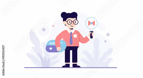 Cheerful individual with accessories, in a whimsical setting with abstract flora