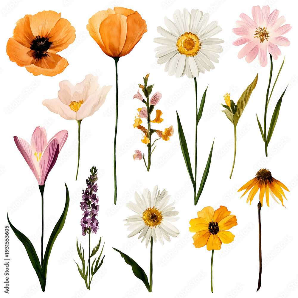 Fototapeta premium Bright Summer Garden Wildflowers PNG Collection Isolated Transparent Background