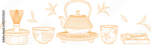 Traditional Japanese tea set with teapot, matcha whisk, cups, hand drawn line art illustration