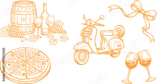 Vintage Italian food and wine illustration featuring pizza, scooter, grapes, barrel, glasses, ribbon, hand drawn line art collection