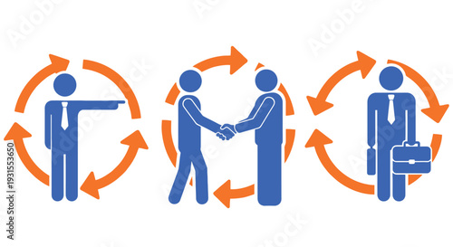 Business interactions and collaboration illustrated with figures and circular arrows