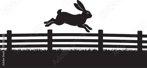 Rabbit jumping over a fence in a rural landscape scene