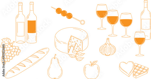 Wine and cheese set illustration with grapes, bread, fruit, garlic, chocolate collection