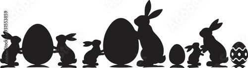Black silhouettes of rabbits and Easter eggs on white background