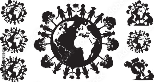 Global Unity and Diversity Silhouette Illustration of People Around Earth