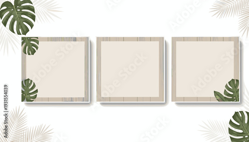 Tropical Leaves and Wooden Frames for Photo Collage or Display