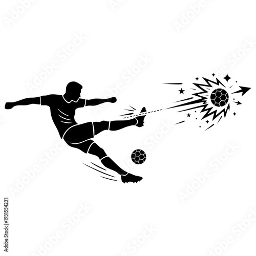 Soccer player kicking ball silhouette vector illustration, football striker shooting powerful goal action pose isolated sports athlete icon design
