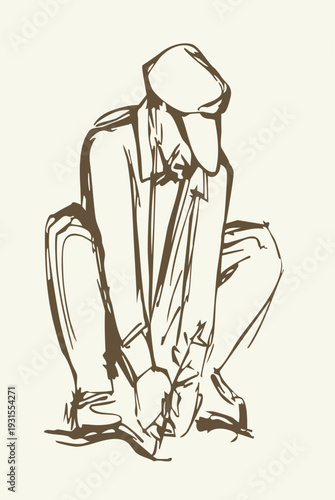 Vector drawing. A gardener weeding a garden