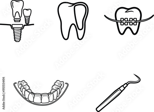 Dental care and hygiene icons with teeth and tools illustrations