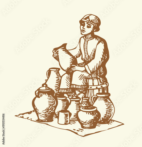 Vector illustration of a boy selling pots.