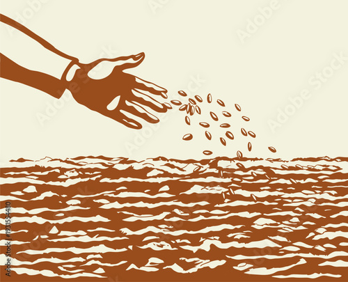 Vector drawing. Man sowing seeds