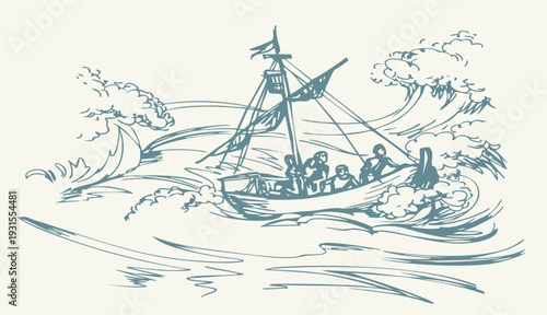 Vector drawing. Sailors on a ship in a storm