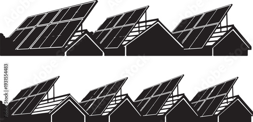 Solar panels on rooftops of houses in a suburban neighborhood