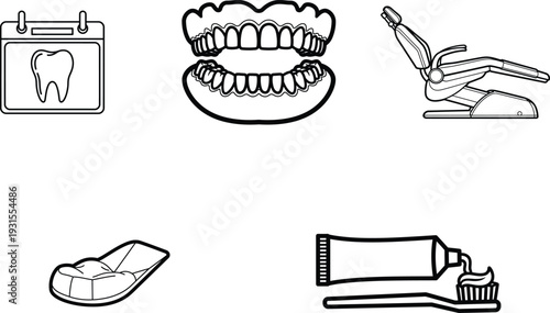 Dental care and hygiene icons with teeth and tools on white background