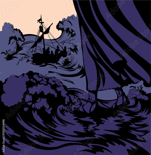 Vector drawing. Jesus walking on waves in a storm