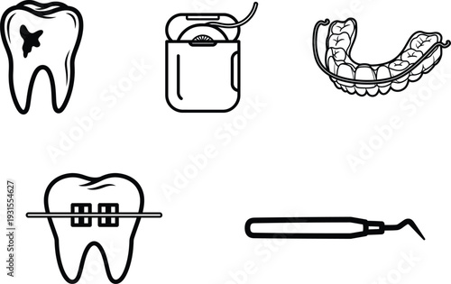 Dental care and oral hygiene icons including teeth and tools  dental health symbols