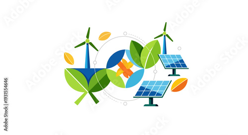 Vector eco friendly icon set with solar panels and wind turbines