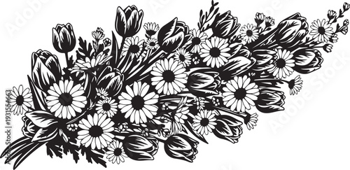 Black and white floral bouquet with various flowers illustration