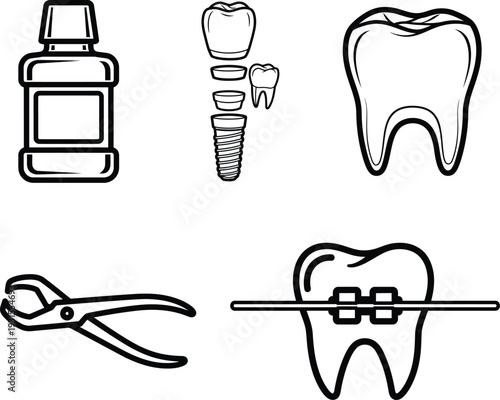Dental care and orthodontic treatment icons with tooth and tools