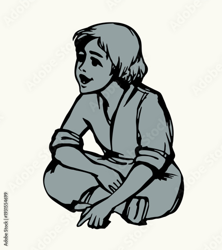 Vector illustration. Small boy sitting on the ground