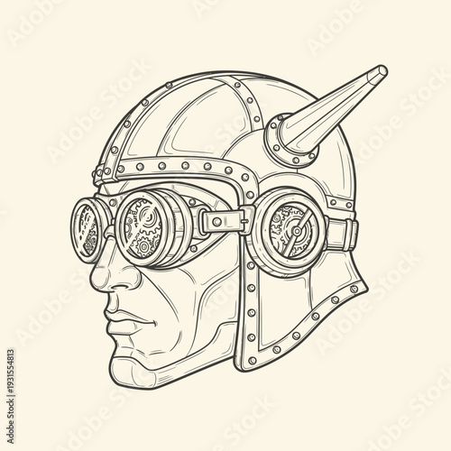 Steampunk Inventor Profile: Intricate Line Art Illustration of a Head in a Riveted Helmet with Gear Goggles, Retro-Futuristic Vision and Industrial Aesthetic
