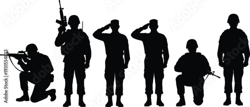 Military soldier silhouettes collection with armed forces saluting and kneeling poses isolated on white background army vector illustration set