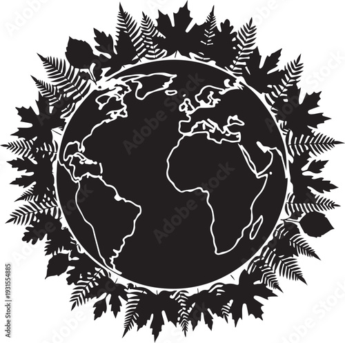 Black and white illustration of Earth surrounded by leaves
