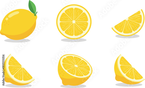 Fresh Lemon Fruit and Slices Icon Set Citrus Food Vector Illustration Collection